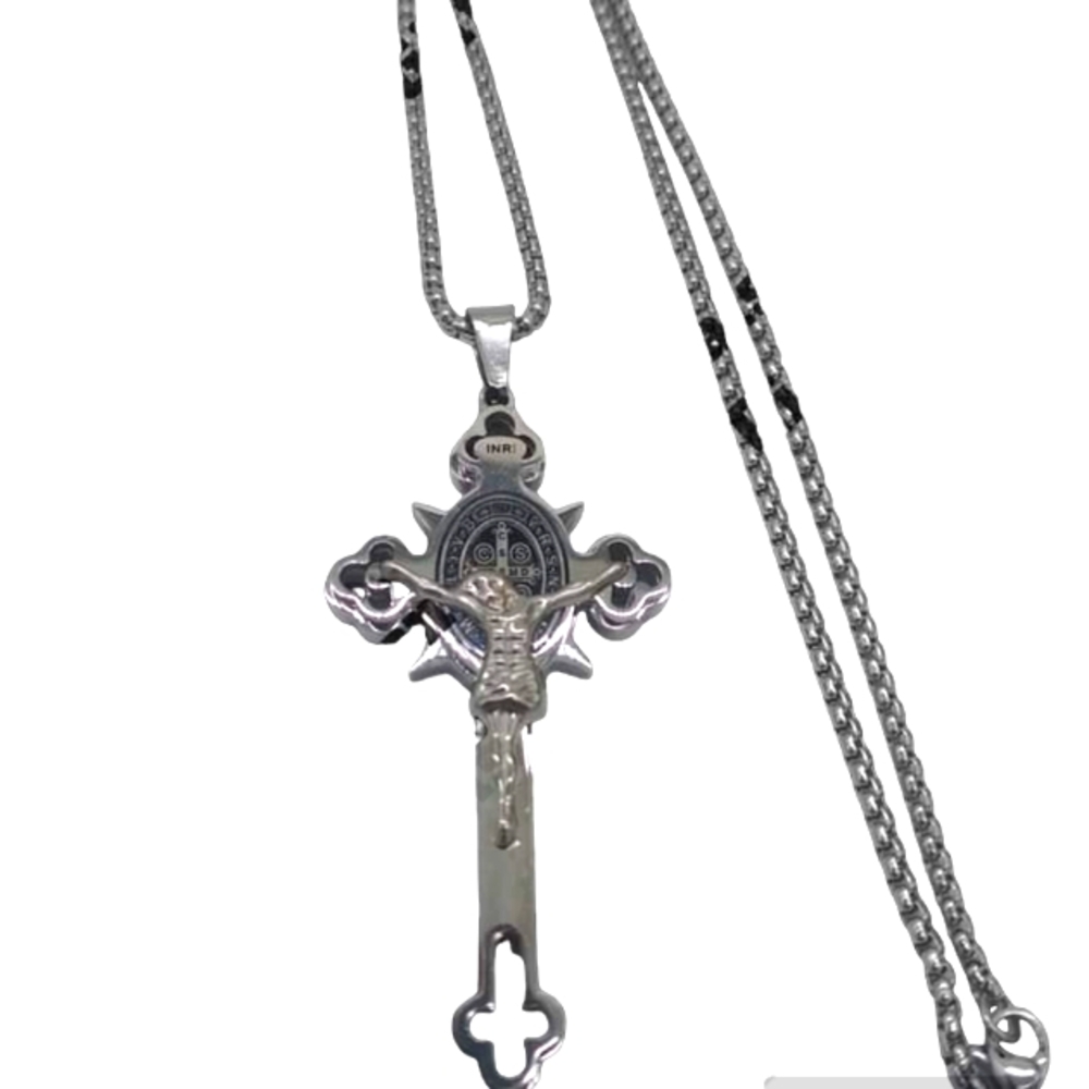 Unisex. Benedict Jesus Crucifix Titanium Silver Tone No Tarnish Hypoallergenic